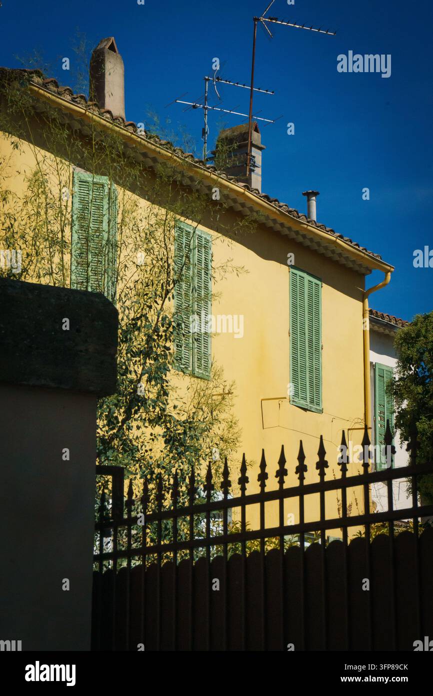 Ockerfarbenes Stadthaus mit grünen Fensterläden im klassischen provenzalischen Stil in Salon-de-Provence, Frankreich Stockfoto
