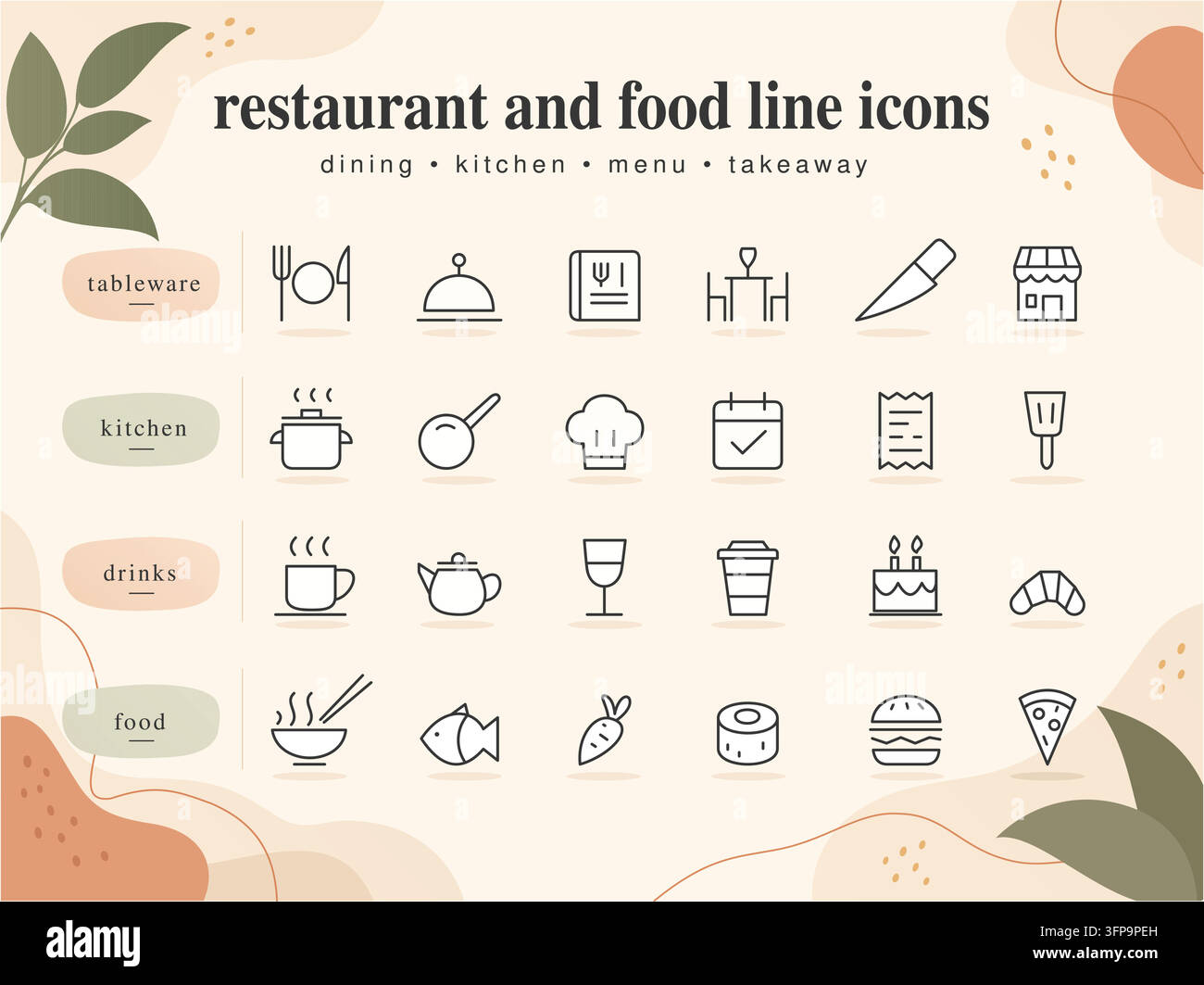 Sammlung von Restaurant- und Essenslinien-Icons Stock Vektor