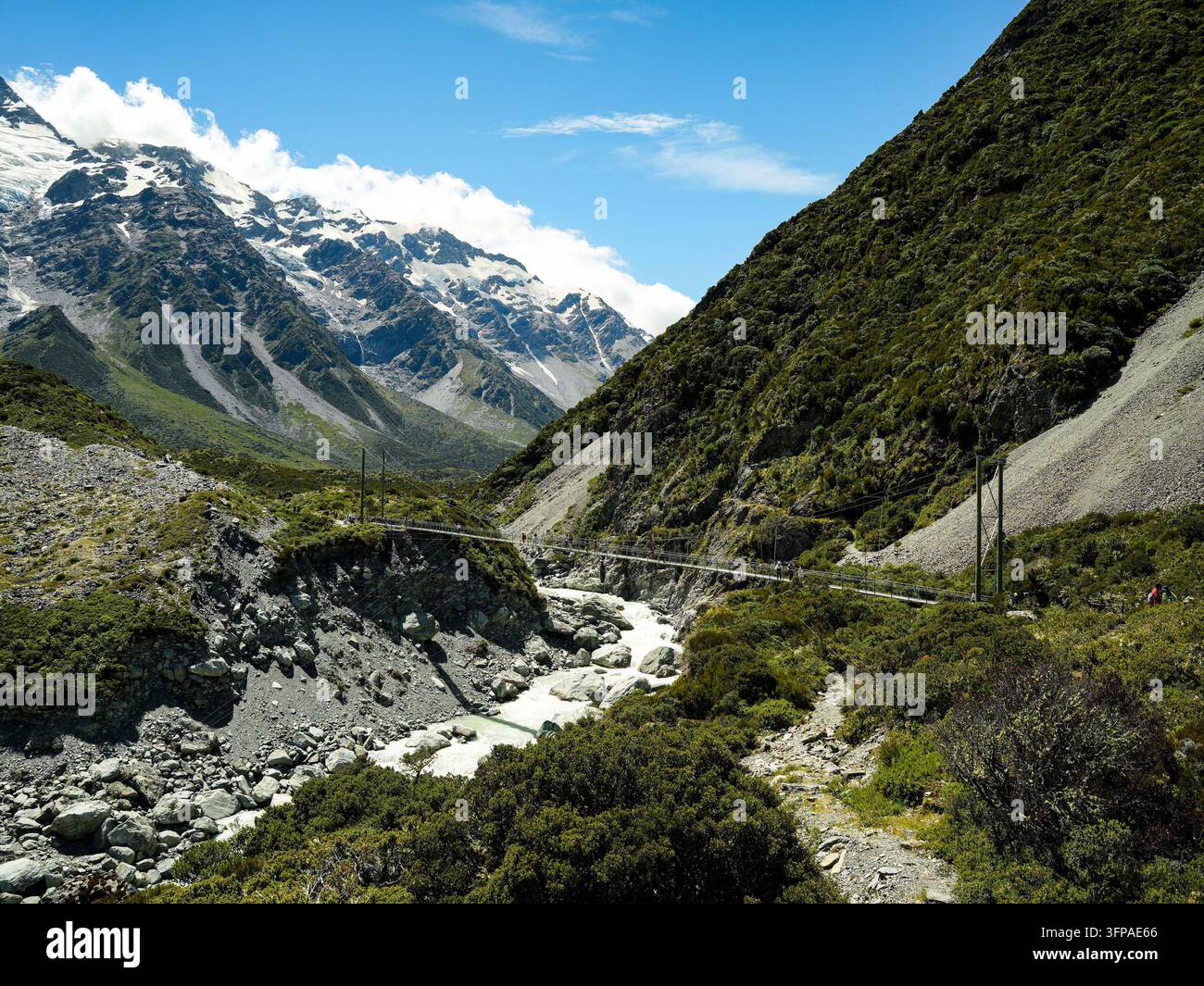Blick auf die Hängebrücke auf dem Hooker Valley Track, die einen Gletscherfluss mit felsigen Hängen und schneebedeckten Bergen im Mt-Cook-Nationalpark überquert Stockfoto