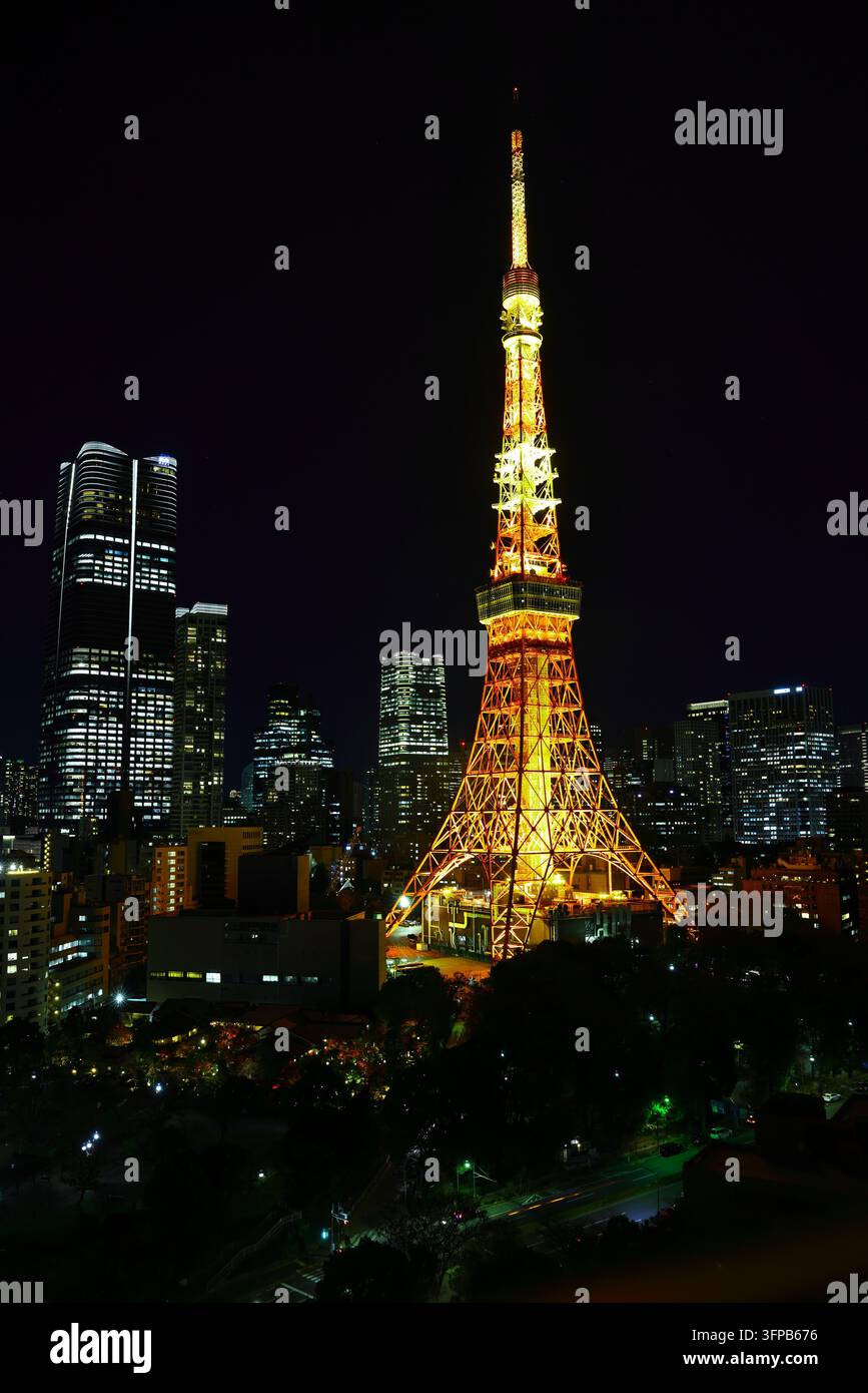 Tokyo Tower beleuchtet vor dem Nachthimmel in Minato, Tokio, Japan Stockfoto