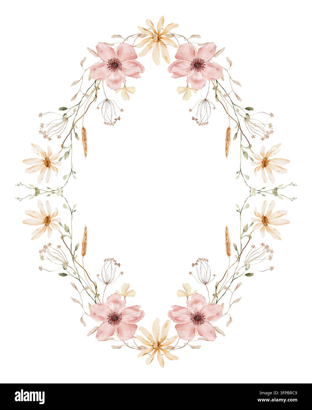 Handgemaltes Aquarell-E ovaler Blumenrahmen für die Hochzeit mit rosa Anemonenblüten, Gänseblümchen, Weizenähren und getrockneten Kräutern auf weißem Hintergrund. Vertikal Stockfoto