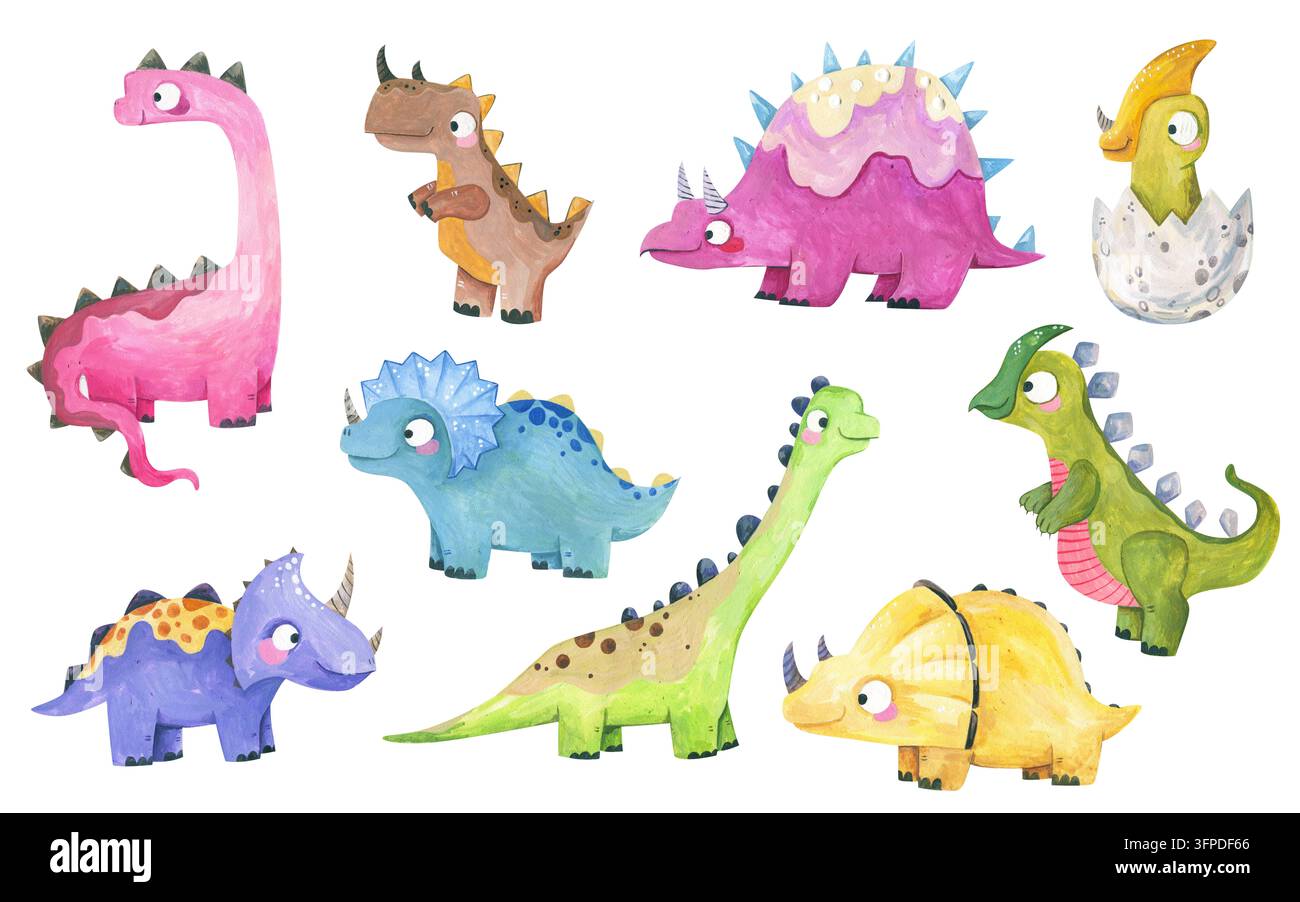 Niedliches Aquarell-Dinosaurier-Set mit niedlichen Dino-Charakteren, schlüpfendem Ei, Triceratops, Diplodocus und Stegosaurus, isoliert auf weißem Hintergrund für Kinder d Stockfoto