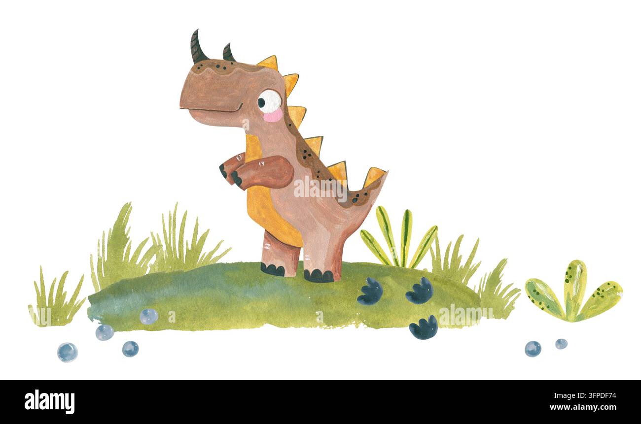 Aquarell niedlicher brauner Dinosaurier, der auf grünem Grashügel steht, handgezeichnete niedliche Dino-Charakterillustration isoliert auf weißem Hintergrund Stockfoto