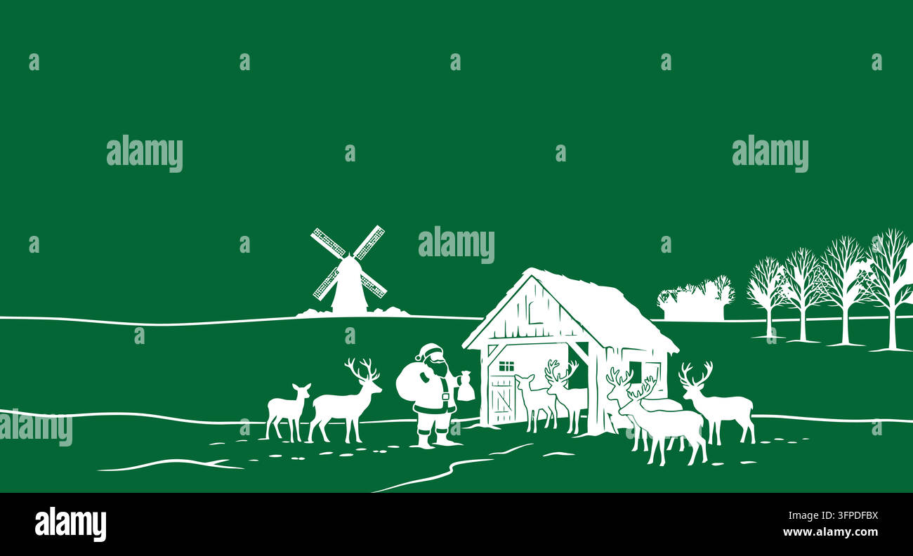 Weihnachtsmann mit Rentieren in der Nähe einer Scheune in einer Winterlandschaft Rentierlandschaft Stock Vektor