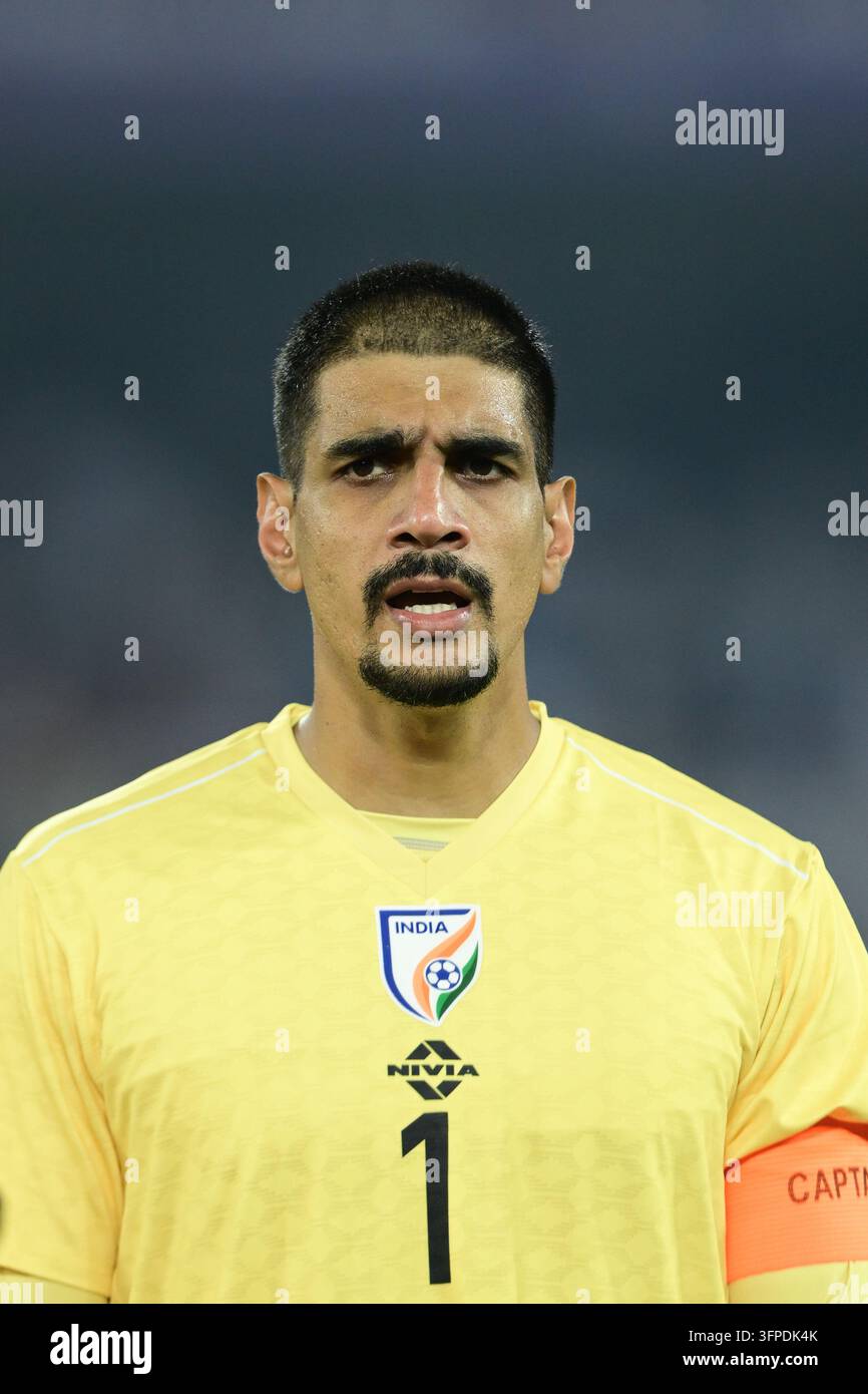 Internationales Freundschaftsspiel Indien gegen Uruguay, FIFA-Freundschaftsspiel, Kalkutta, Indien, 6. Oktober 2026. Indien in orangefarbenem Trikot, Uruguay in hell Stockfoto