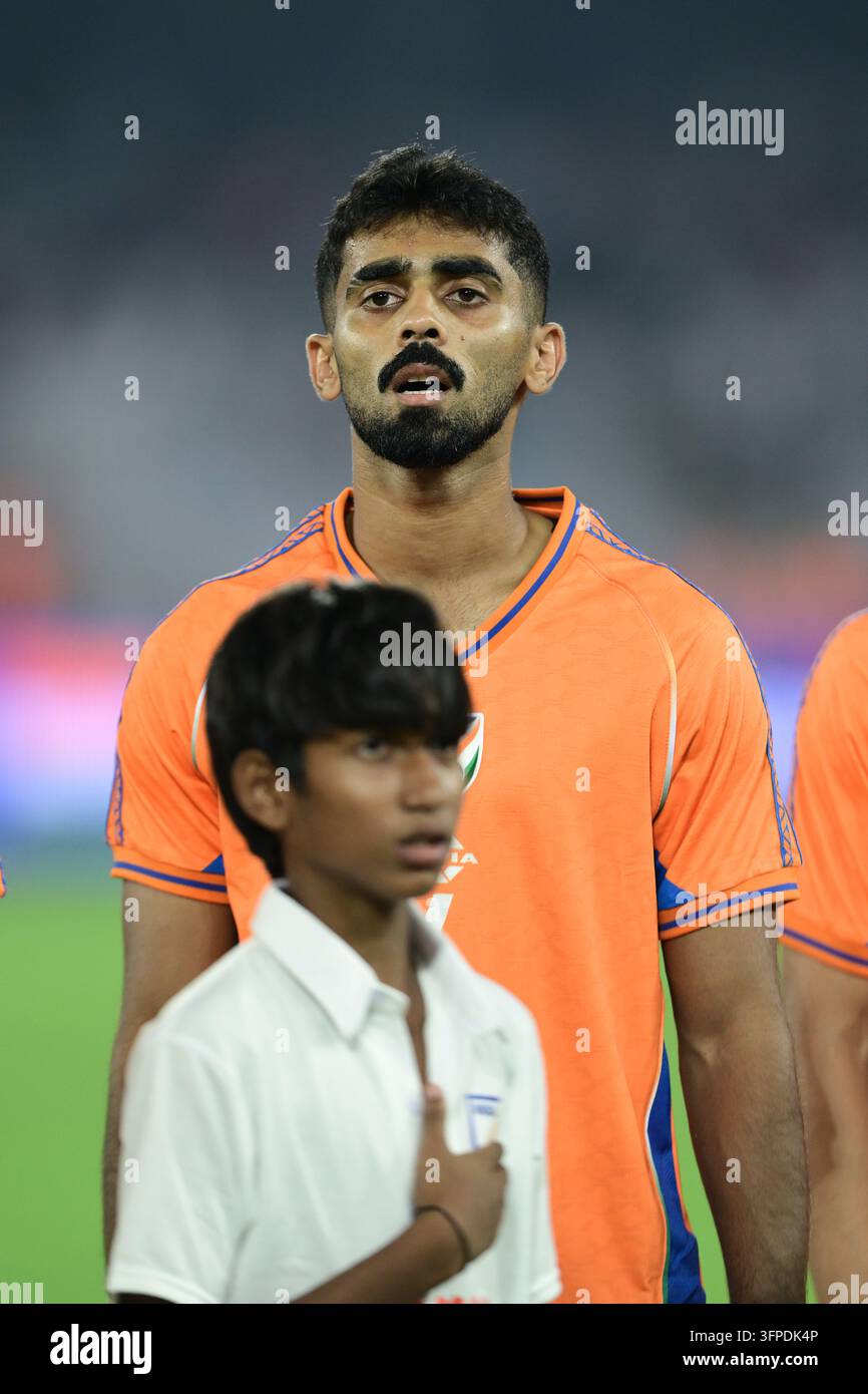 Internationales Freundschaftsspiel Indien gegen Uruguay, FIFA-Freundschaftsspiel, Kalkutta, Indien, 6. Oktober 2026. Indien in orangefarbenem Trikot, Uruguay in hell Stockfoto