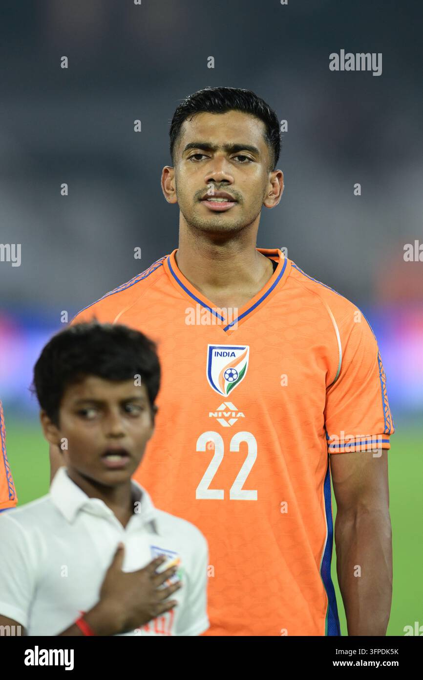 Internationales Freundschaftsspiel Indien gegen Uruguay, FIFA-Freundschaftsspiel, Kalkutta, Indien, 6. Oktober 2026. Indien in orangefarbenem Trikot, Uruguay in hell Stockfoto