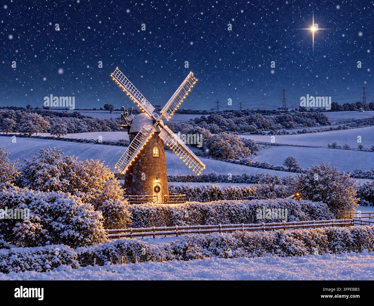 Wilton Windmühle im Schnee. Great Bedwyn, Wiltshire, England. (Originalfoto mit KI bearbeitet) Stockfoto