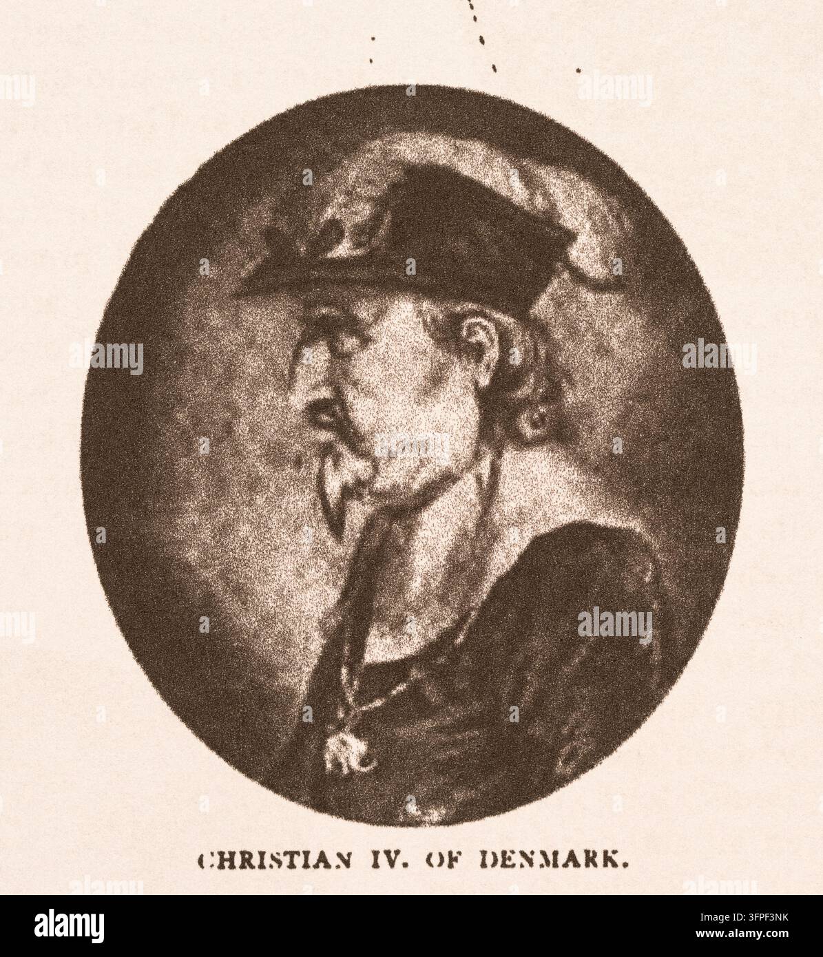 Christian IV. von Dänemark, Profilporträt in kreisförmigem Rahmen, Illustration aus dem 19. Jahrhundert. Stockfoto