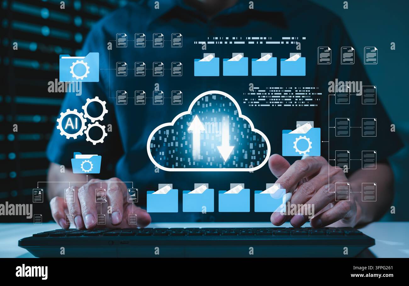 Cloud-Computing-Technologie und KI-Dokumentenmanagement-Systemkonzept. Dateiautomatisierungssystem, Daten hochladen, Online-Ordner für Unternehmensdateien organisieren, DIG Stockfoto