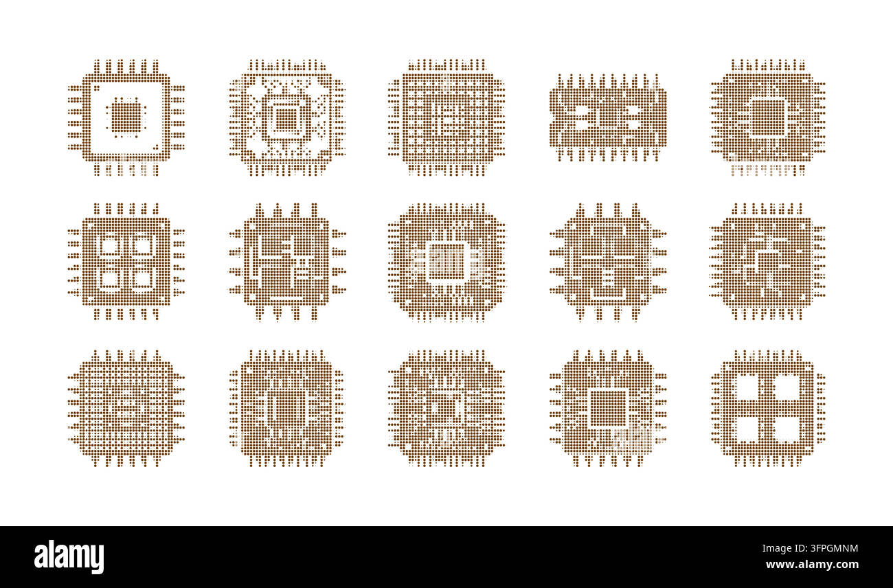 Halbton-Raster-Mikrochip-Schaltkreis-Vektor-Symbole-Set, Pixelierte Computer-CPU-Prozessor-Grafik-Technologie-Elektronik-Elemente Stock Vektor