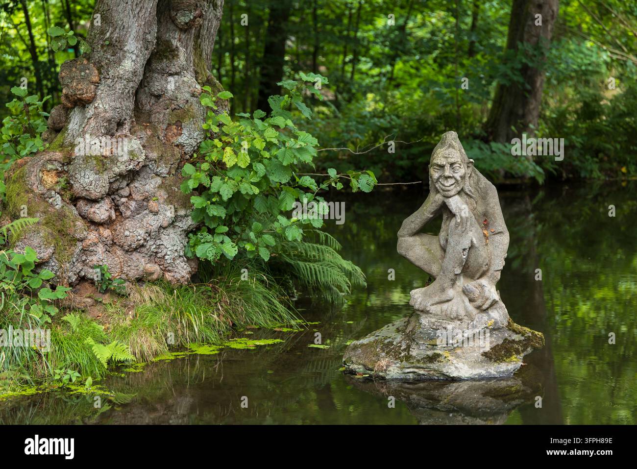 Steinstatue einer lächelnden Kreatur, die in einem grünen Waldteich in Peklo, Tschechien, sitzt Stockfoto