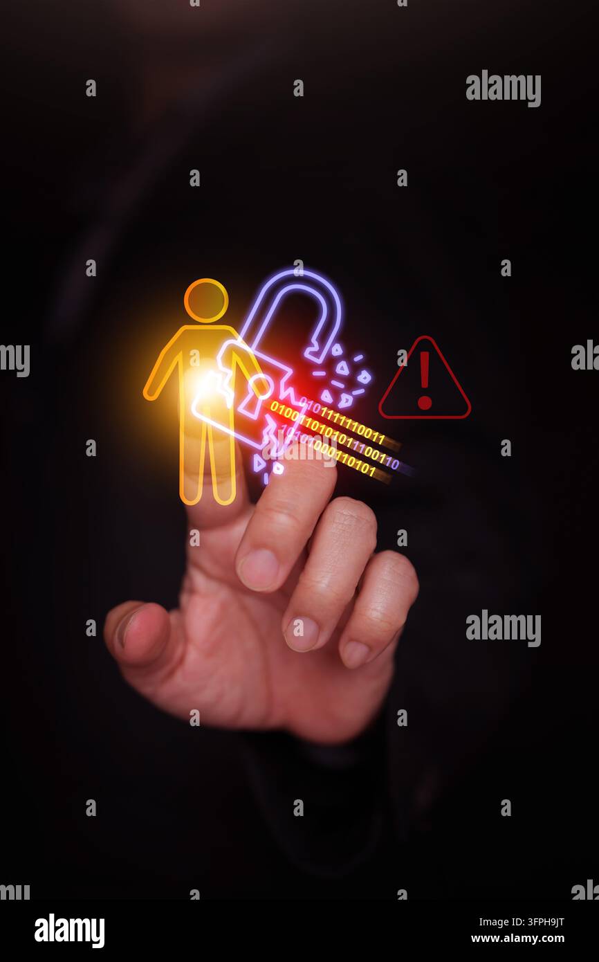 Finger berührt entsperrtes Vorhängeschloss, Person-Datenschutzsymbol, Warnschild und leckenden Binärcode. Persönliche Datenpanne, Cybersicherheit, Identitätsdiebstahl, Cyber Stockfoto