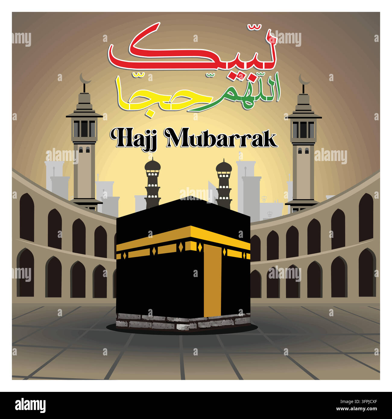 Wunderschöne Kunst der Kaaba in Mekka, umgeben von islamischer Architektur und Hajj-Mubarak-Gruß-Kalligraphie, die Themen der Spiritualität repräsentiert Stock Vektor