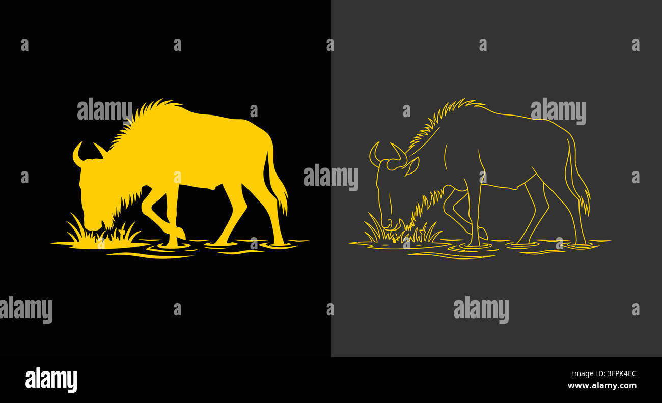 Silhouetten- und Linienkunst-Zeichensatz mit Wildbeest-Gräsern und afrikanischer Wildnis Stock Vektor