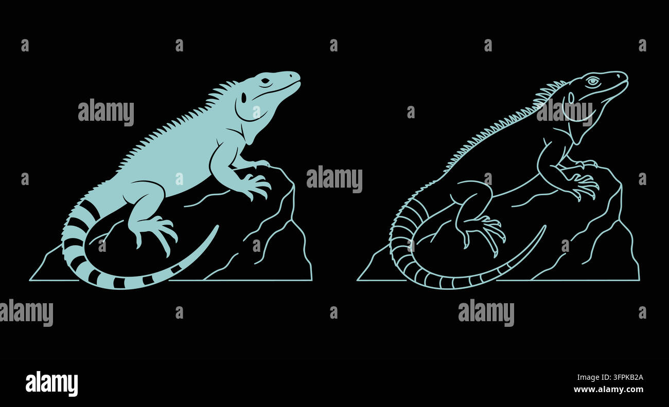 Grafische Illustration einer Eidechse, die auf einem Felsen mit schwarzem Hintergrund sitzt Stock Vektor