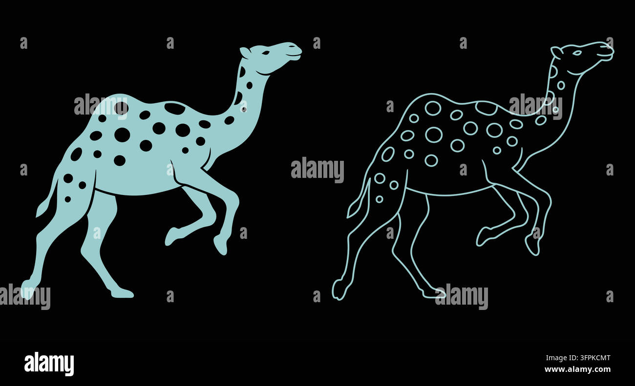 Gepunktetes Kamel-Tier-Symbol-Silhouetten-Grafik isoliert auf schwarzem Hintergrund Stock Vektor