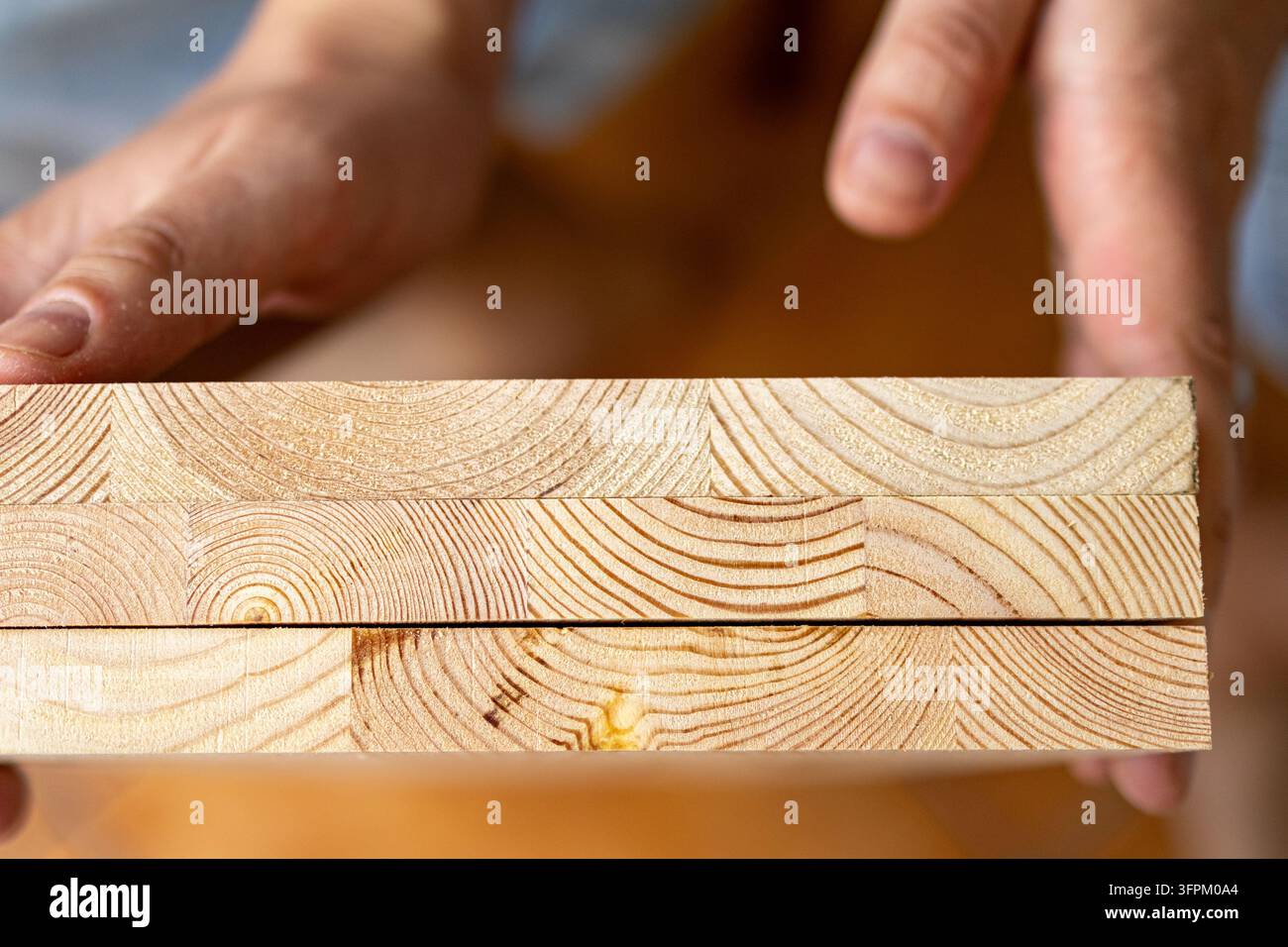 Nahaufnahme von Händen, die die geschnittene Kante eines Kiefernholzes berühren, das die natürliche Maserung zeigt. Das Bild betont die Qualität des Rohholzes und die Handwerkskunst Stockfoto