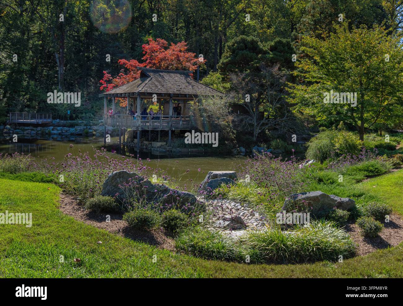 Das traditionelle Teehaus im japanischen Stil mit Blick auf den Teich im Gude-Garten der Brookside Gardens in Wheaton, Maryland Stockfoto