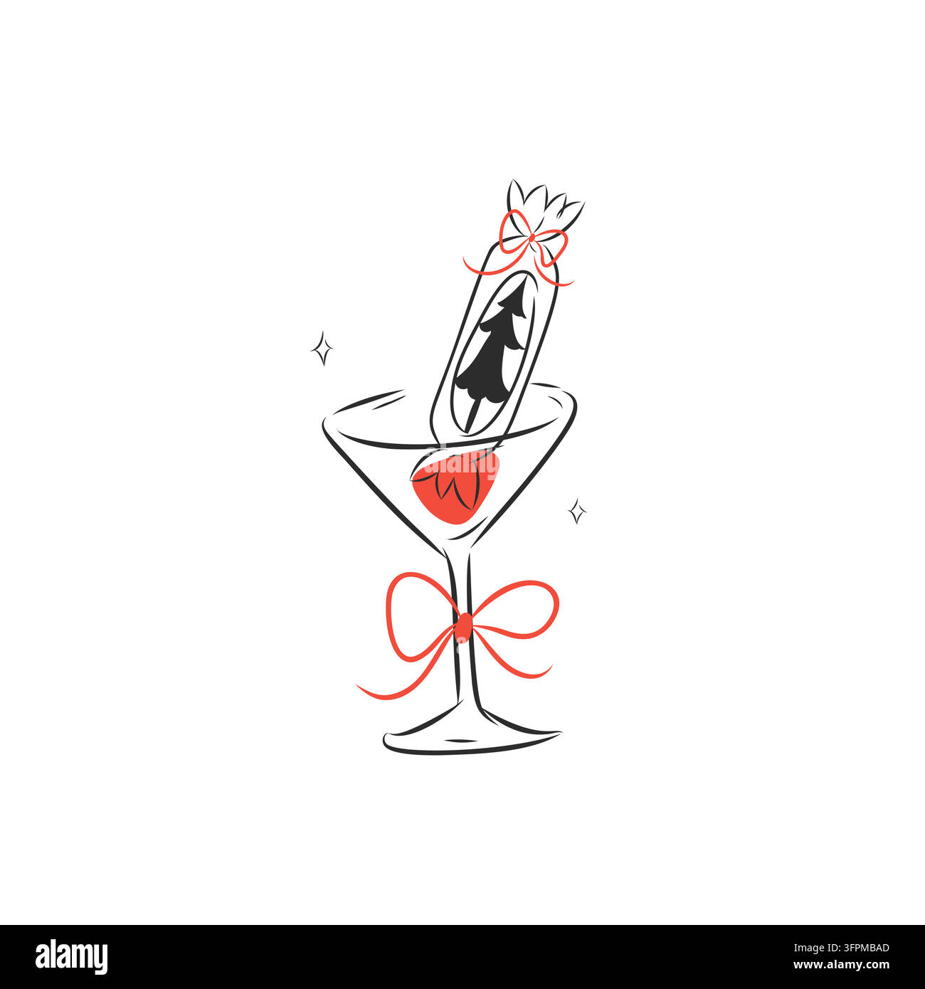 Weihnachtscocktail mit festlichem Baumschmuck und roter Schleife, eleganter Feiertrinksel handgezeichnete Minimal-Linien-Kunst-Vektor-Illustration Stock Vektor