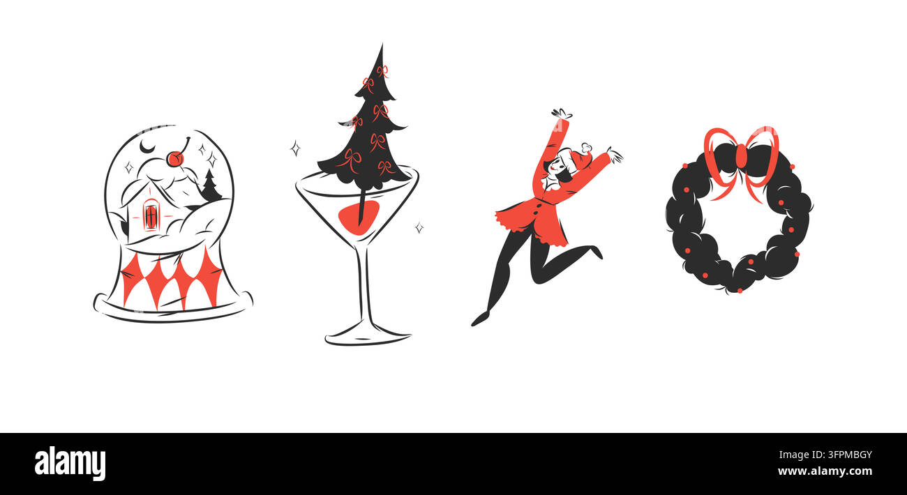 Weihnachtsferien-Vektor-Set mit Schneekugel, Weihnachtsbaum-Cocktail, glücklicher Frau und festlichem Kranz mit Schleife, handgezeichnete Linienkunst-Sammlung Stock Vektor