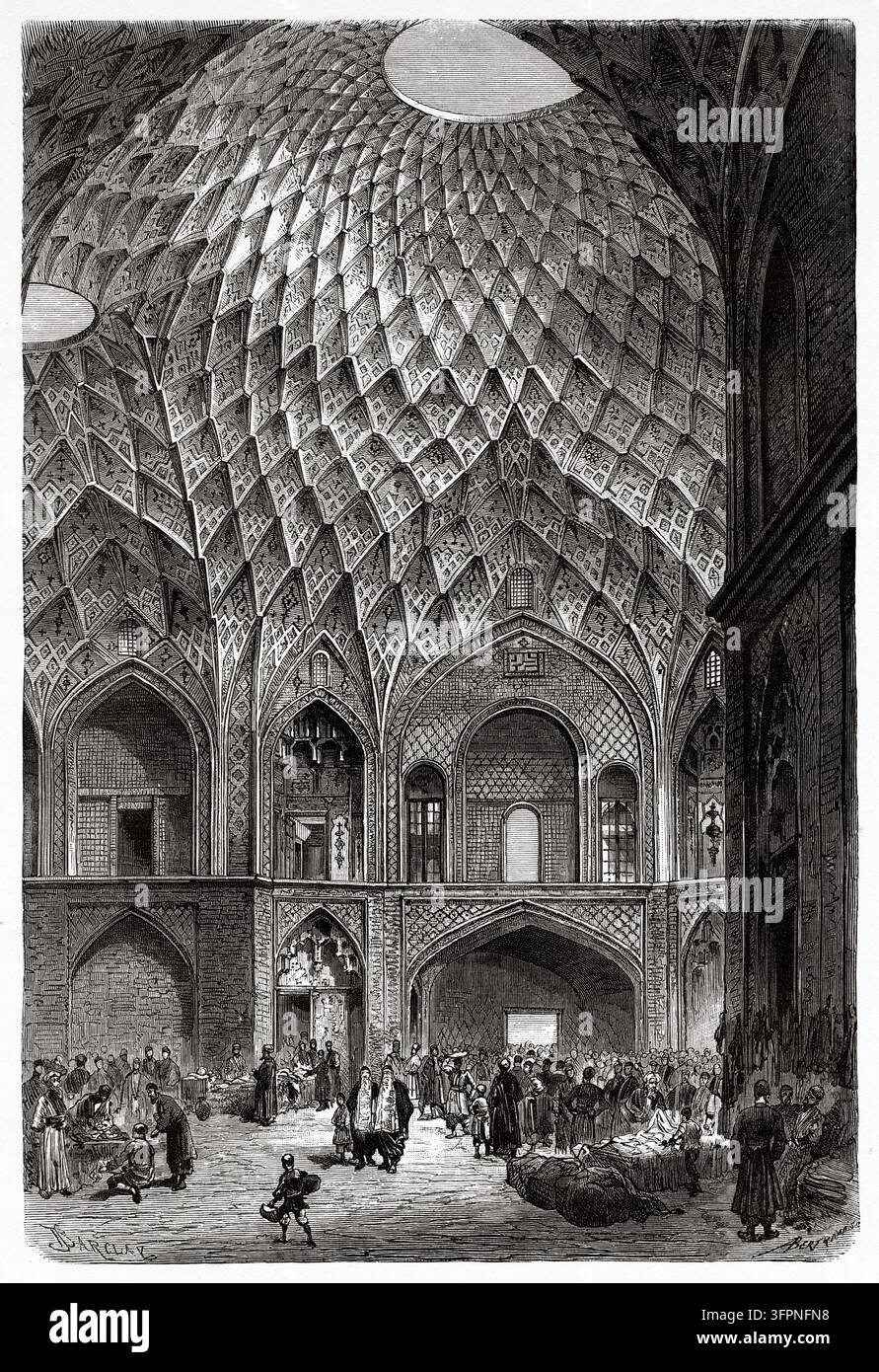 Aminoddole Plaza. Aminoddole Caravanserai im Basar, Stadt Kashan. Zentraler Bezirk des Landkreises Kashan, Provinz Isfahan, Iran. Naher Osten. Zeichnung von Edgar Barclay (1842-1913) Persien, Chaldäa und Susiana 1881-1882 von Jane Dieulafoy (1851-1916) Le Tour du Monde 1883 Stockfoto