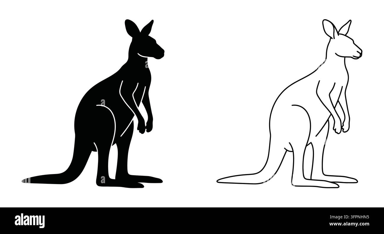 Känguru-Silhouette und Umriss-Vektorgrafik, die mit Känguru steht Stock Vektor