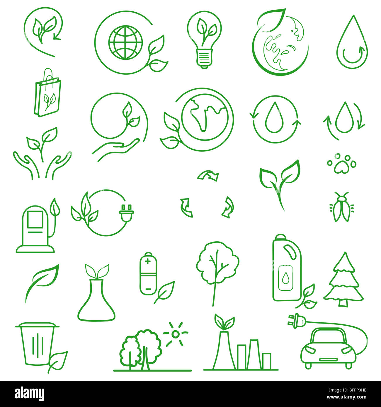 Ökologie und Natur, Recycling und Umweltpflege, Vektorillustration. Ein Satz zum Drucken, Bio-Produkte, Abfalltrennung und Schadstoffvermeidung Stock Vektor