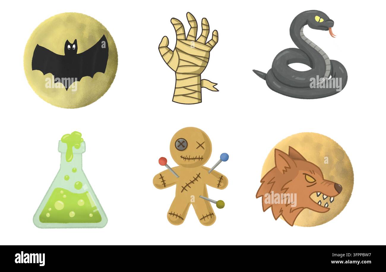 Sammlung von strukturierten Aquarell-Halloween-Ikonen mit Fledermaus-Trank-Schlange-Voodoo-Puppe-Werwolf und Mumienhand Stockfoto
