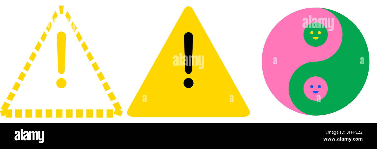 Vektor-Set von gelben Warn Dreieck-Symbolen und rosa-grünem Yin-Yang-Symbol mit Smiley-Gesichtern isoliert auf weißem Hintergrund Stock Vektor