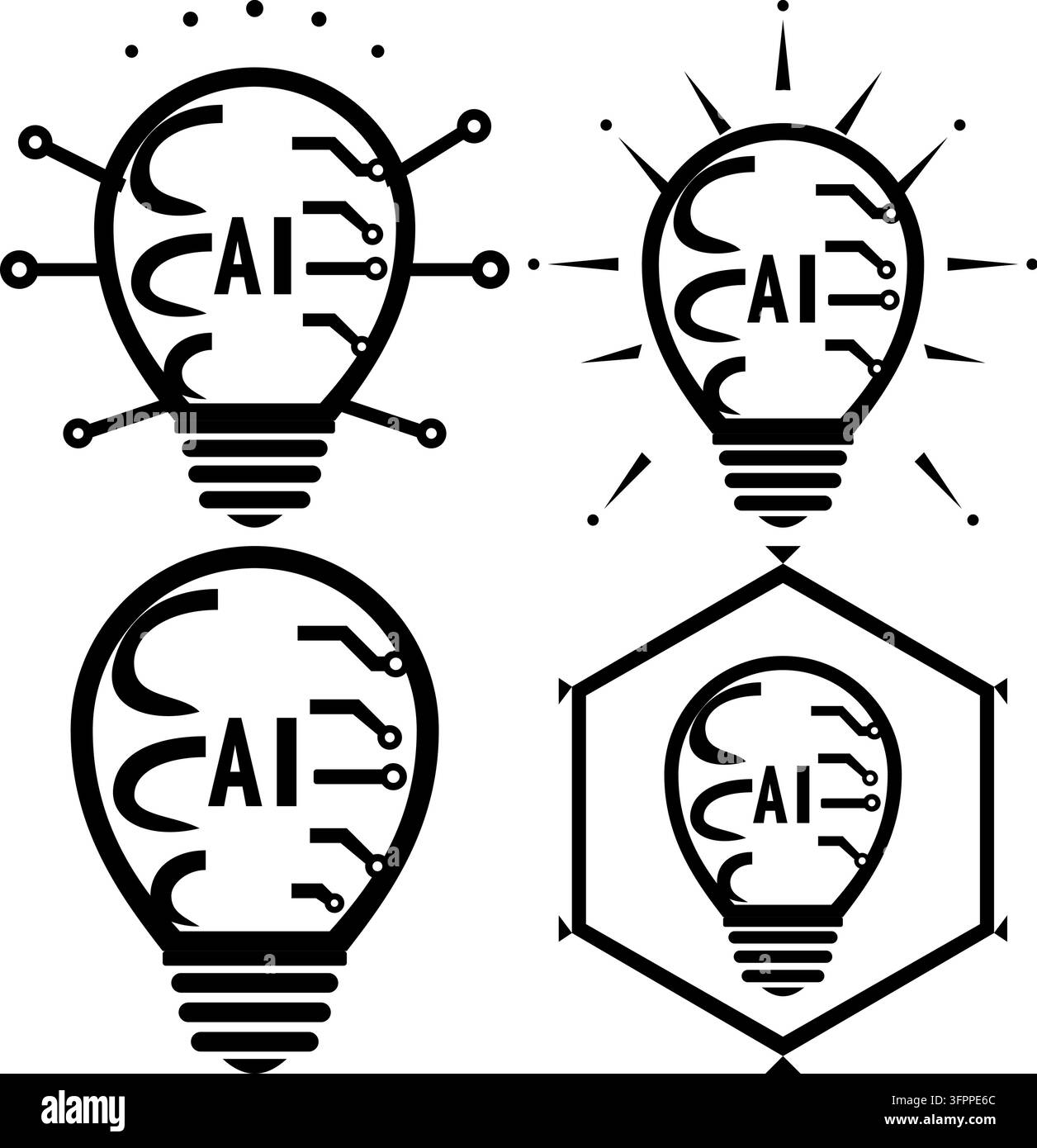 Satz von künstlichen Intelligenz-Leuchtbirnen-Icons mit Leiterplattendesign isoliert auf weißem Hintergrund Stock Vektor