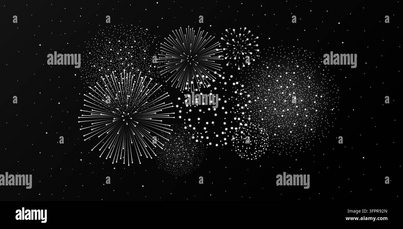 Silberne Feuerwerksshow auf schwarzem Nachthimmel-Hintergrund mit Glühen und Glitzern. Feuerwerk-Hintergrund. Unabhängigkeitstag-Konzept. Luxus-Explosion abstrakt. Stock Vektor