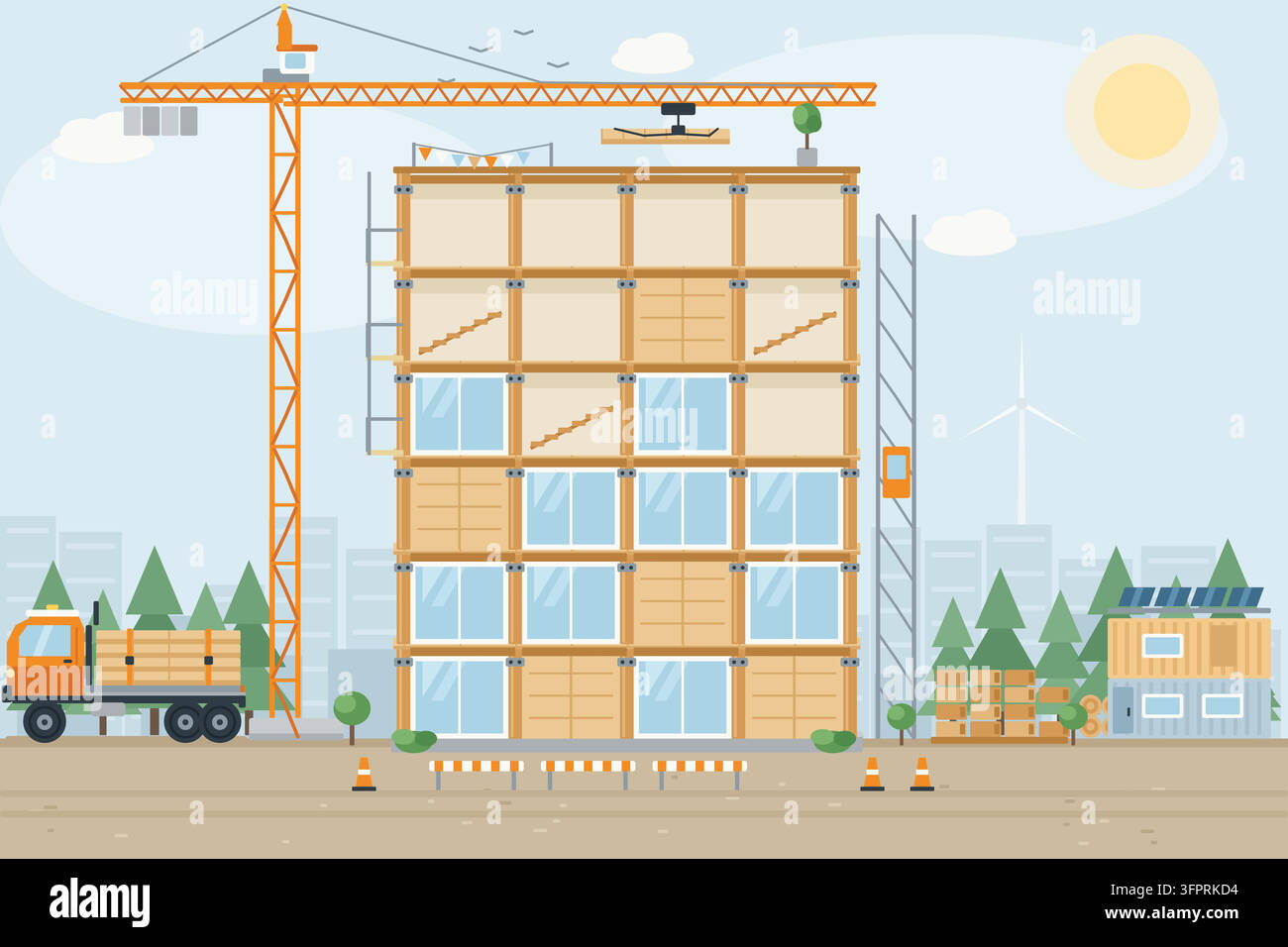 Illustration eines sechsgeschossigen Massivholzgebäudes im Bau mit Glulam-Rahmen, CLT-Panelen, Turmkran, Pritschenlieferwagen, Baustellenbüro Stock Vektor