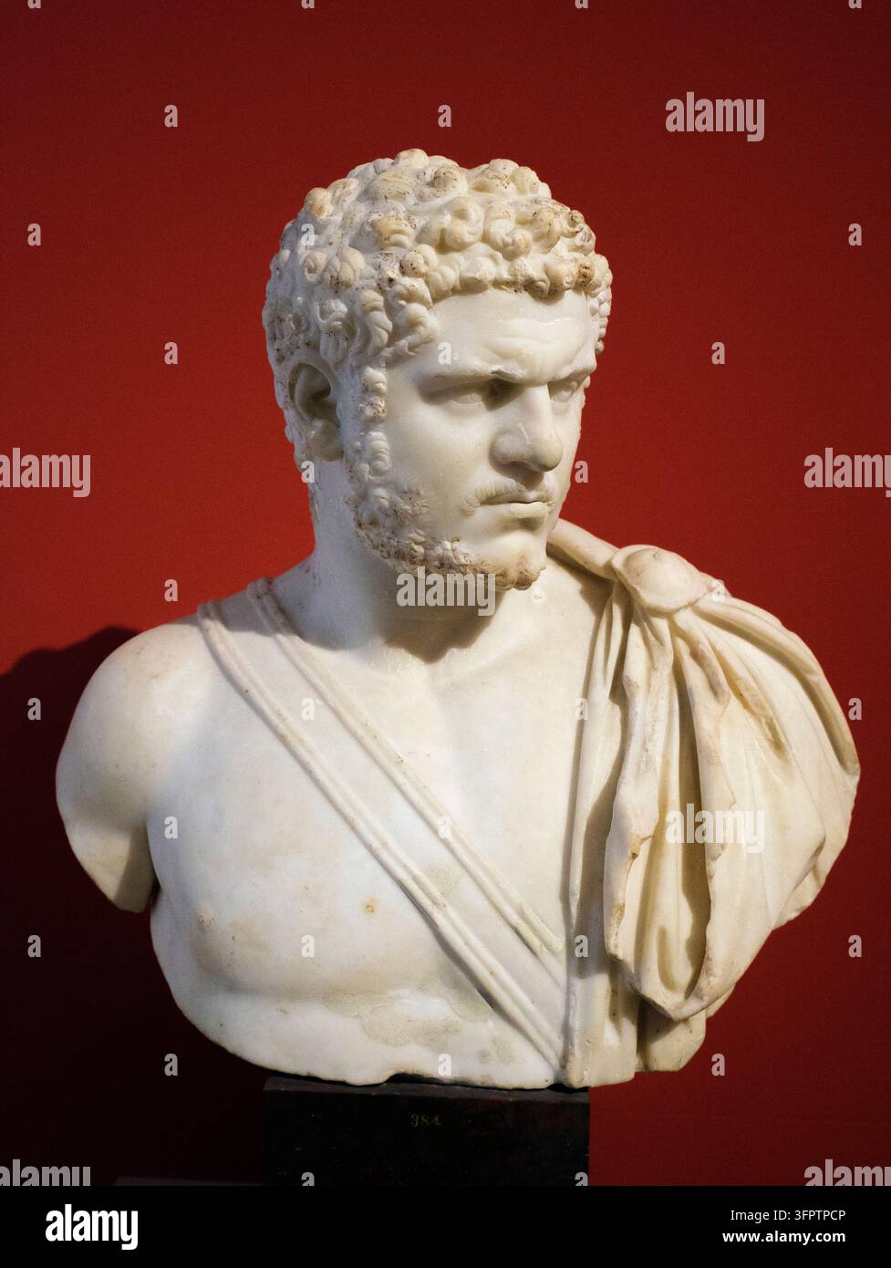 Deutschland: Marmorbüste von Caracalla (188-217 n. Chr.), gemeinsamer 22. römischer Kaiser, 212-217 n. Chr. Altes Museum, Museumsinsel, Berlin. Geboren als Lucius Septimius Bassianus, aber nach der Verbindung seines Vaters mit den Familien der Nerva-Antonin-Dynastie in Marcus Aurelius Antoninus umbenannt. Caracalla (Spitzname nach einer gallischen Kapuzenjacke) war der älteste Sohn von Kaiser Septimius Severus und regierte von 198 n. Chr. bis zum Tod seines Vaters 211 n. Chr. gemeinsam mit diesem. Danach wurde er gemeinsam mit seinem jüngeren Bruder Geta Kaiser, ermordete diesen jedoch weniger als ein Jahr nach der gemeinsamen Herrschaft Stockfoto