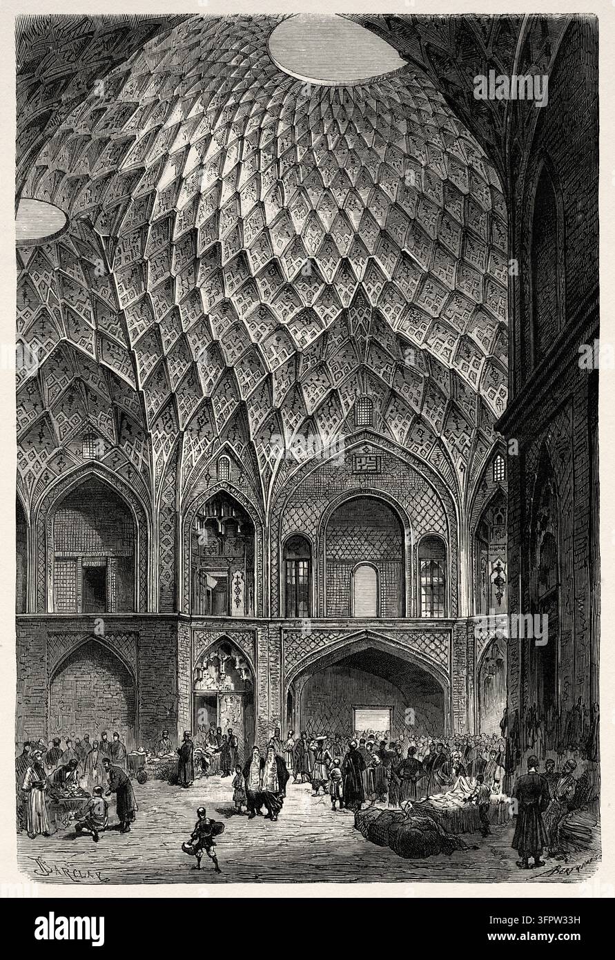 Aminoddole Plaza. Aminoddole Caravanserai im Basar, Stadt Kashan. Zentraler Bezirk des Landkreises Kashan, Provinz Isfahan, Iran. Naher Osten. Zeichnung von Edgar Barclay (1842-1913) Persien, Chaldäa und Susiana 1881-1882 von Jane Dieulafoy (1851-1916) Le Tour du Monde 1883 Stockfoto