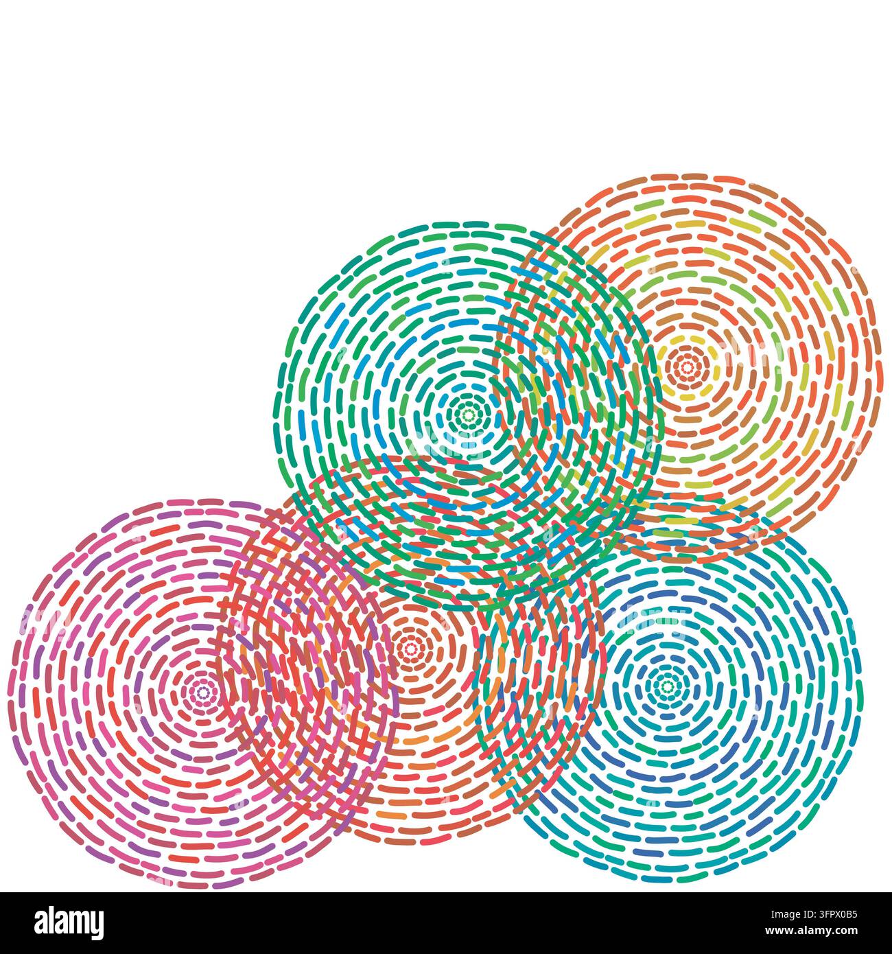 Minimalistische geometrische Illustration eines abstrakten kreisförmigen Musterhintergrunds mit farbenfrohen gestrichelten Linien auf isoliertem weißem Hintergrund mit Kopie oben links Stockfoto