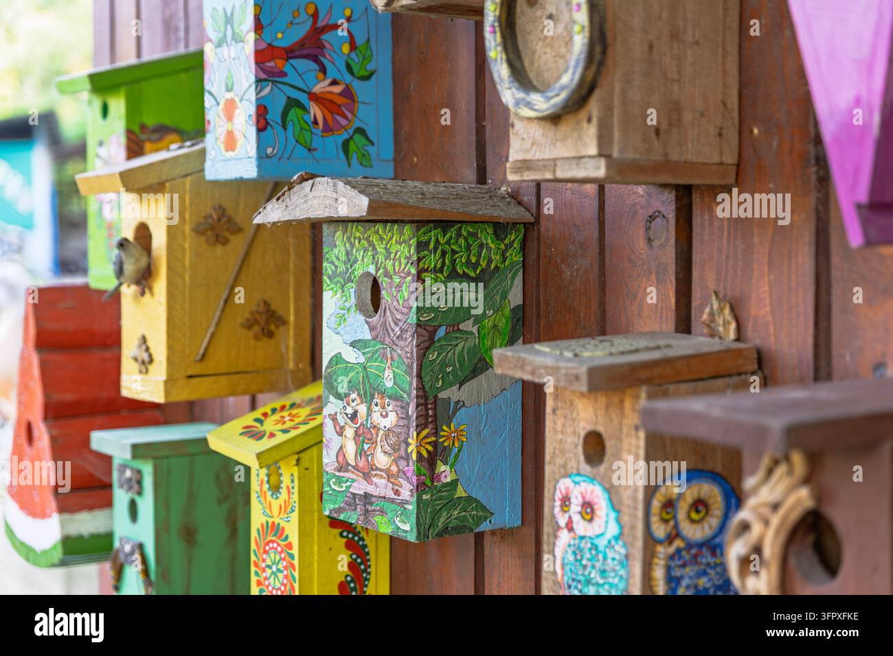 Bunte Holzhäuschen für Vögel hängen an einer Holzwand, verziert mit Waldfiguren, Eulen und Blumenmustern. Eine zentrale Nistbox mit einer verwitterten Stockfoto