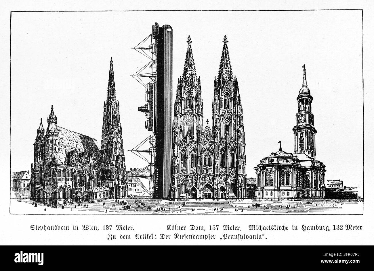 Architektonischer Maßstabvergleich europäischer Kathedralen gegenüber dem riesigen Dampfer Pennsylvania – Radierung aus dem 19. Jahrhundert. Stockfoto