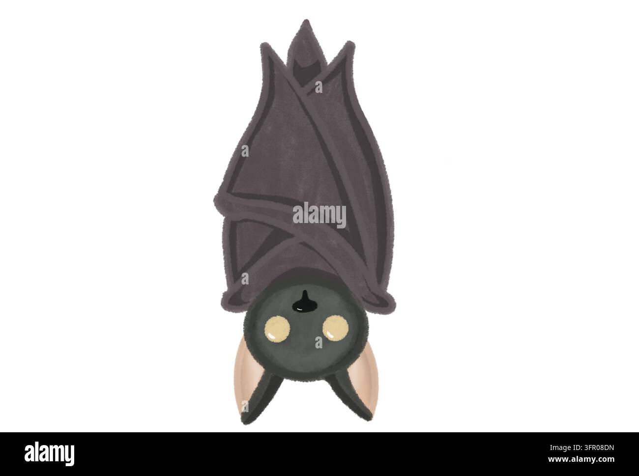 Süßer Cartoon-Fledermaus, der kopfüber mit zusammengeklappten Flügeln isoliert auf weißem Hintergrund hängt Stockfoto