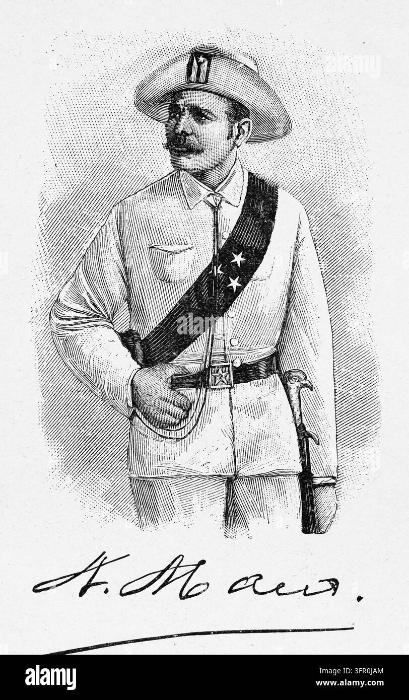 Porträt des kubanischen Generals Antonio Maceo in Militäruniform mit Sternorden und Signatur – 19. Jahrhundert Stich. Stockfoto