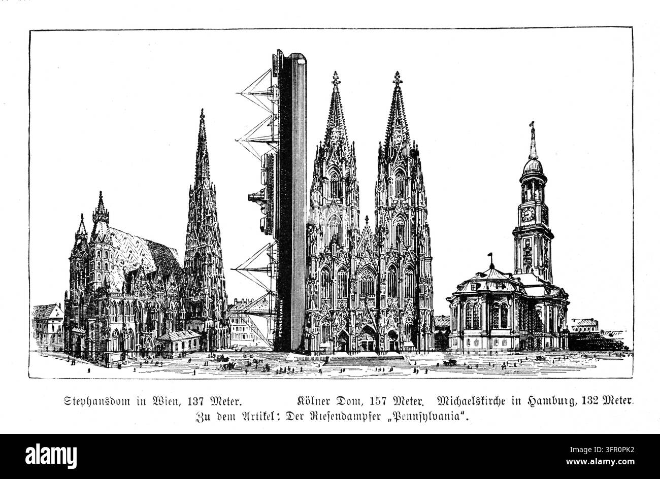Größenvergleich des Riesendampfers Pennsylvania mit europäischen Kathedralen – Der Schornstein des Schiffs überragt St. Bartholomäus, den Kölner Dom und Stockfoto