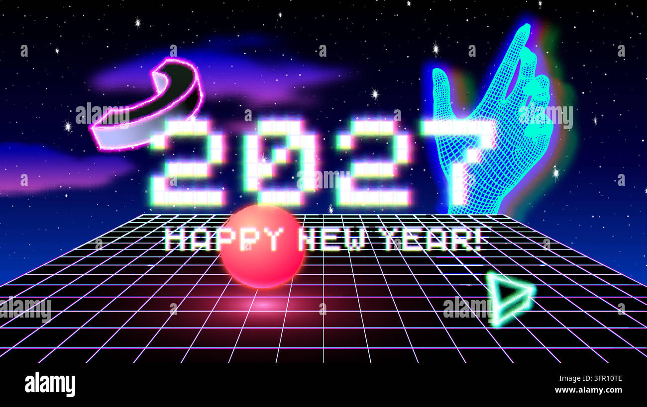Pixel 2027 Neujahrsgruß mit Neon-Hand-Symbolen und Raster Stock Vektor