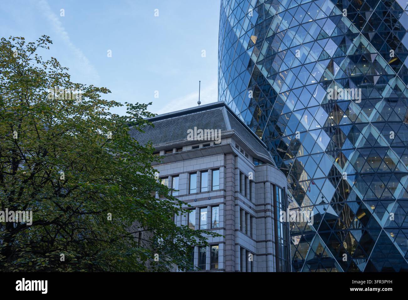 The Gherkin, Historische Architektur und grünes Laub in Kontrast Stockfoto
