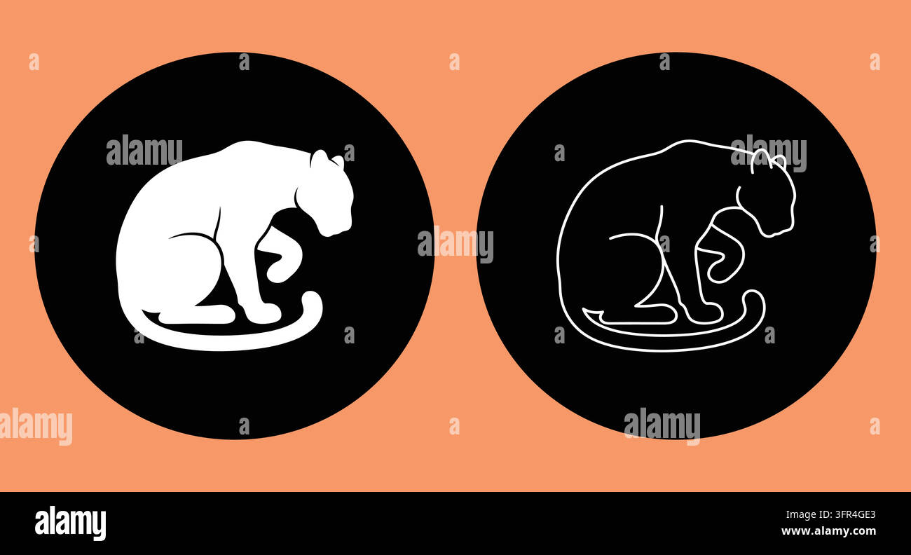 Grafisches Set von stilisierten sitzenden Pantherfiguren in zweifachen Kontrast-Kreisrahmen Stock Vektor