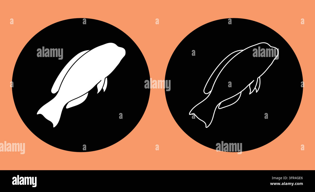 Kreative Fischmotive, die als duale Kontrast-Grafiksymbole in Kreisform dargestellt sind Stock Vektor