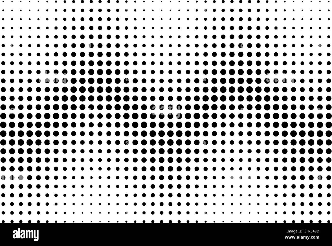 Ein monochromes Halbtone-Muster mit einem wellenförmigen Farbverlauf aus schwarzen Punkten unterschiedlicher Größe, das einen dynamischen optischen Effekt auf einem sauberen weißen Hintergrund erzeugt Stock Vektor