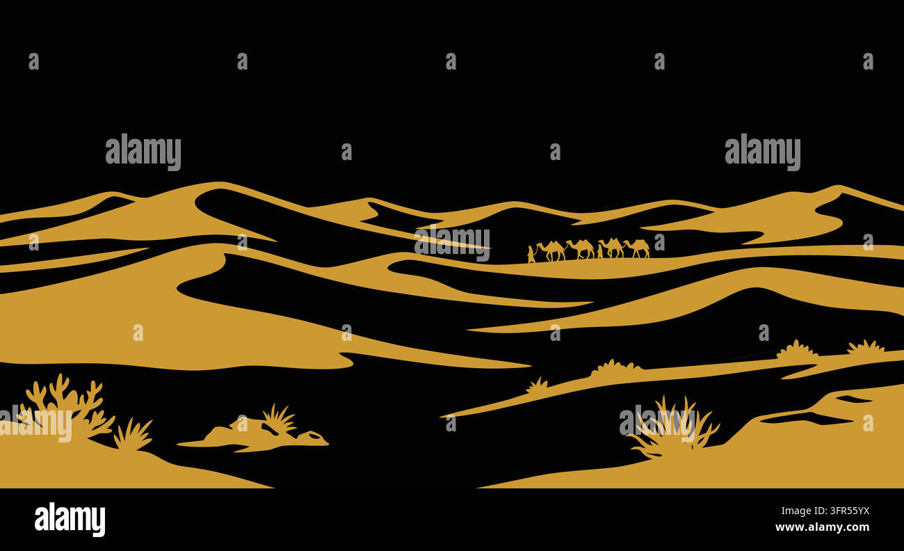 Landschaft mit goldenen Sanddünen unter einem dunklen Nachthimmel mit Wüste Stock Vektor