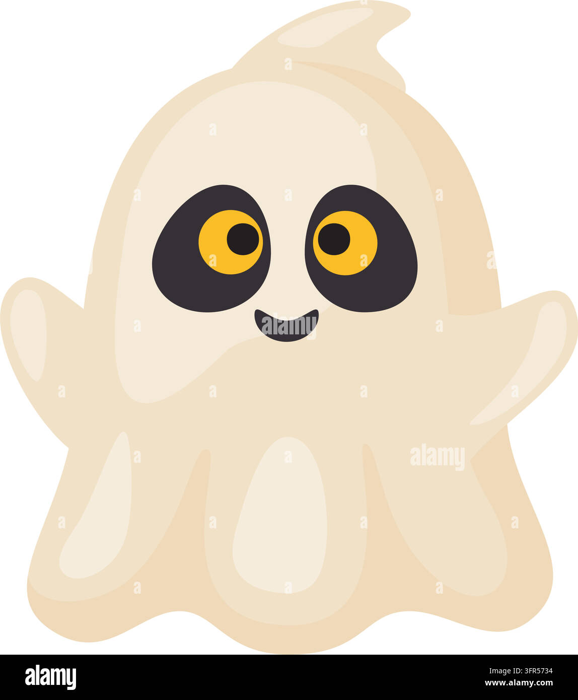 Süße Halloween-Weißer-Geist-Vektorillustration im handgezeichneten trendigen Stil. Lächelnder freundlicher gruseliger Phantomcharakter mit großen gelben Augen, perfekt für Stock Vektor