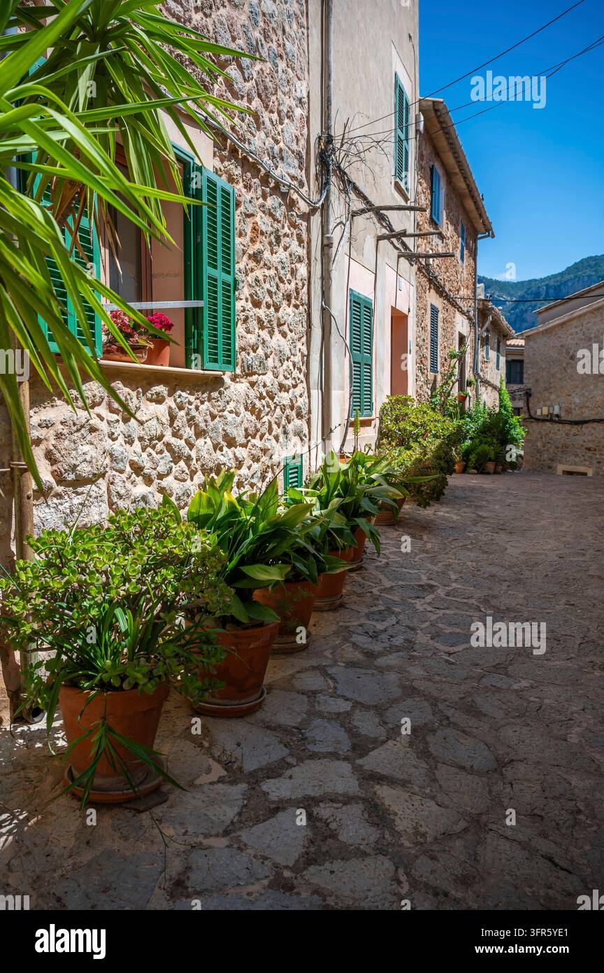 Wunderschöne Straße in Valldemossa, Mallorca mit Topfpflanzen, mallorca, vertikaler Schuss Stockfoto