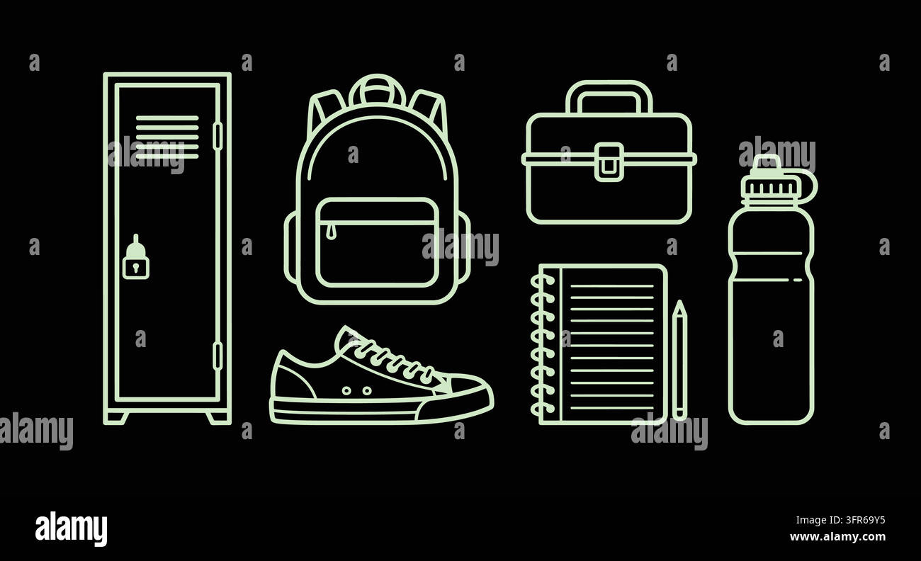 Backpack-Schließfach- und Schulbedarfs-Symbolset auf schwarzem Hintergrund mit Lunchbox Stock Vektor